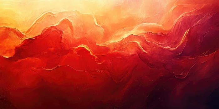 A captivating abstract artwork features dynamic waves of red and orange colors, creating a sense of warmth and energy reminiscent of a sunset over a mountainous landscape.