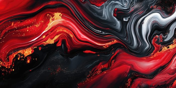 Swirling patterns of deep red, black, and white create a captivating abstract design. Striking golden highlights add depth and energy to the artwork, evoking emotion and movement.