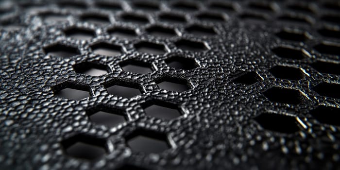 A detailed view showcases a black surface featuring hexagonal patterns, with a tactile and textured appearance highlighted by gentle lighting. This design evokes a modern aesthetic.