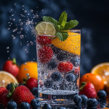 Sparkling water splashes as it mixes with fresh citrus slices and berries enhancing hydration. This healthy infused water combines flavors and nutrients for a refreshing drink ideal anytime.