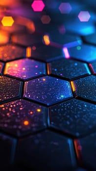 Close-up view of hexagonal tiles reflecting various colors under bright lights, creating a mesmerizing pattern that captivates the night atmosphere.