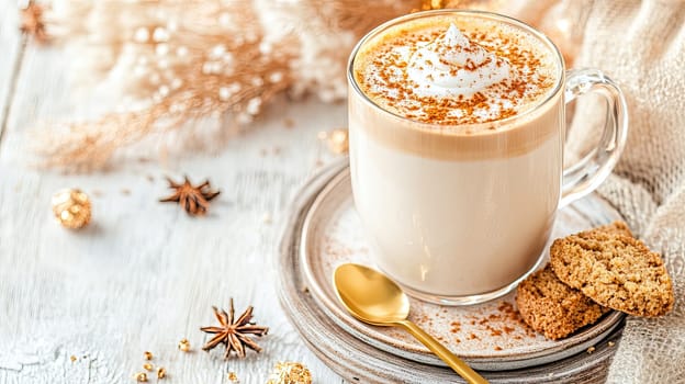 A steaming cup of spiced latte topped with whipped cream sits on a rustic plate next to a few cookies. Festive decorations add warmth to the scene, showcasing a cozy atmosphere.