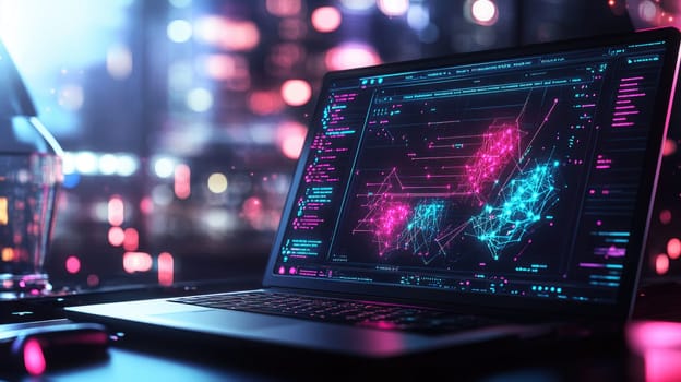 A sleek laptop displays vibrant data visualizations and charts, illuminated by neon lights in a bustling cityscape. The atmosphere reflects advanced technology and innovation.