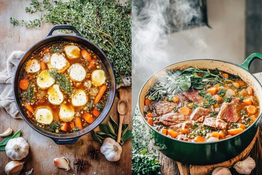Two pots on a wooden table showcase rich, bubbling stews filled with vibrant vegetables and tender meat. Fresh herbs and garlic surround the pots, enhancing the aroma of the dish.
