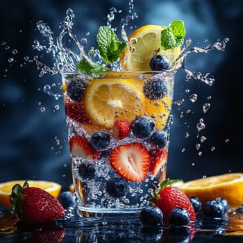 Sparkling water bursts with splashes as fresh strawberries, blueberries, and slices of orange and lemon are infused into a refreshing healthy drink, perfect for hydration.