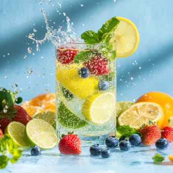 A glass of sparkling water filled with fresh lime, mint, and mixed berries splashes playfully against a blue background. This healthy infused water is perfect for summer refreshment.