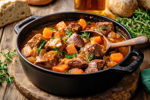 A black pot filled with tender beef, carrots, and fresh herbs is simmering on a rustic wooden table, accompanied by bread and a drink, creating a cozy atmosphere.