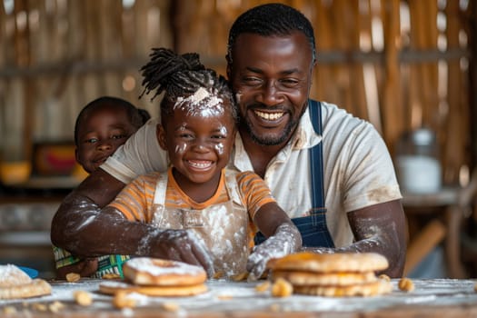 A joyful father and his two children engage in baking together. Flour dusts their faces and hands as they shape pancakes in a wooden kitchen filled with warmth and laughter.