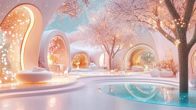 A tranquil garden features futuristic white structures nestled among blooming cherry blossom trees. Soft pastel colors and reflective pools create a peaceful atmosphere at twilight.