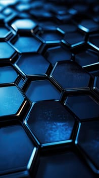 Close view of a surface composed of hexagonal tiles in deep shades of blue. The shiny finish reflects light, enhancing the contemporary design and texture of the arrangement.