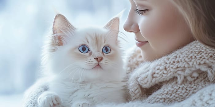 A young girl smiles softly as she cuddles a fluffy white cat with striking blue eyes. They share a warm moment, surrounded by a tranquil winter backdrop.