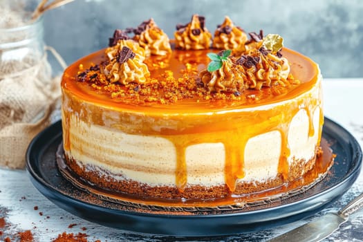A beautifully crafted dessert sits on a black plate, adorned with rich caramel and chocolate decorations. The smooth texture and inviting colors suggest a delightful flavor experience.