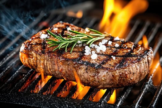 A perfectly cooked steak sizzles on a grill, flames licking the sides as fragrant herbs add depth to the rich aroma. The smoky scent entices anyone nearby.