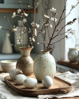 A serene indoor setting features a wooden tray displaying speckled eggs and two ceramic vases with delicate flower branches, creating a calming atmosphere perfect for spring decor.