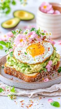 Freshly made avocado toast features a golden sunny-side-up egg and is garnished with vibrant edible flowers. Served on a rustic plate, it reflects a healthy, delightful brunch option.