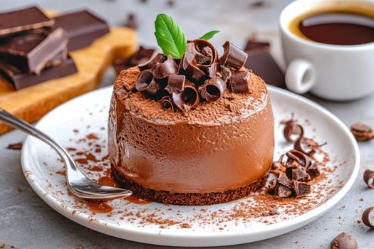 A rich chocolate mousse topped with dark chocolate curls sits on a white plate. Nearby, a steaming cup of coffee complements this indulgent treat, creating an inviting atmosphere.