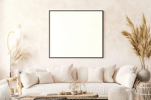 A spacious living room showcases a soft sofa filled with cushions, natural elements, and a blank canvas, inviting creativity and relaxation in a peaceful setting.