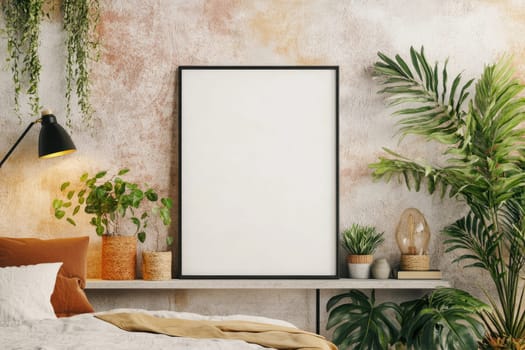 This inviting indoor setting showcases a neutral color palette with soft textures, plants in various pots, and a blank frame waiting for artwork or family photos to be added.