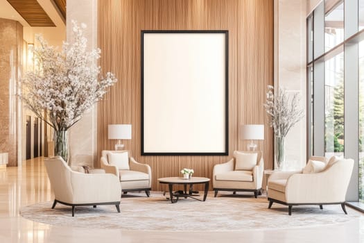 A stylish lounge features comfortable chairs and a round table, adorned with soft lighting and decorative plants, creating a welcoming atmosphere in an upscale location.