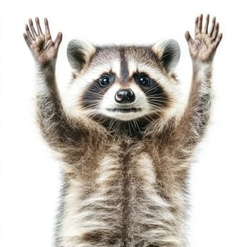 A lively raccoon stands upright with its paws raised, showcasing an inquisitive and friendly demeanor. Its large eyes and fluffy fur create an endearing appearance, inviting interaction.