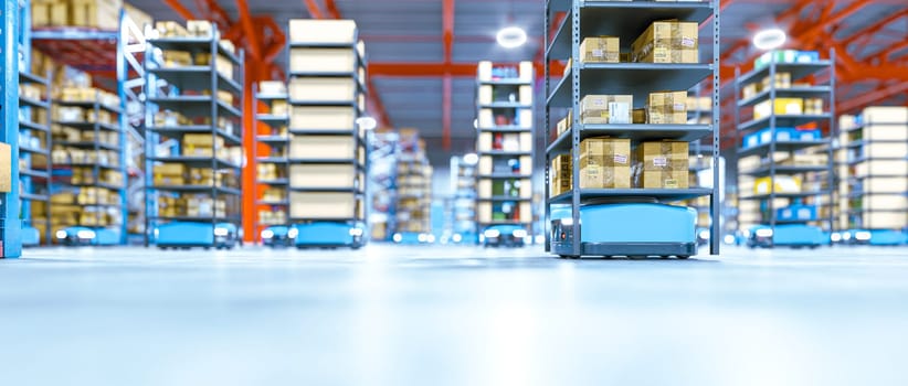 Automated guided vehicles 3d carrying shelves in warehouse