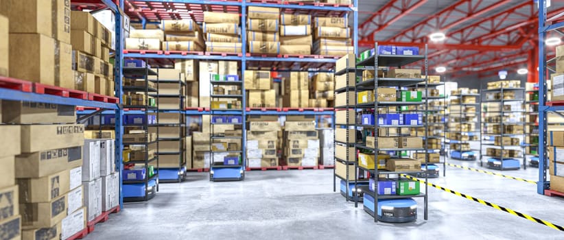 Automated guided vehicles transporting shelves in modern warehouse 3d