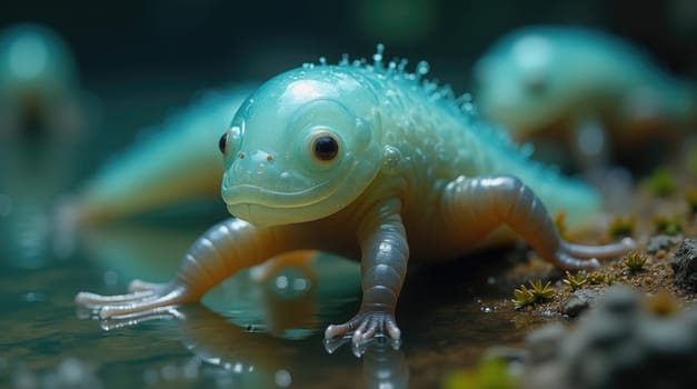 A vibrant amphibian showcases its colorful skin while navigating a calm water environment. Surrounded by greenery, it highlights the beauty of nature's ecosystem during daylight.