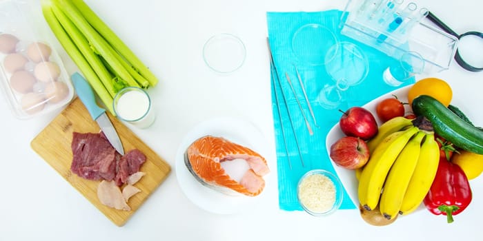 laboratory testing of different food products. Selective focus. people.