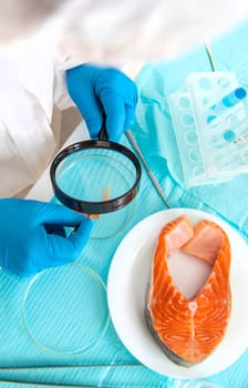 laboratory testing of different food products. Selective focus. people.