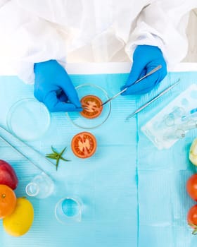 laboratory testing of different food products. Selective focus. people.
