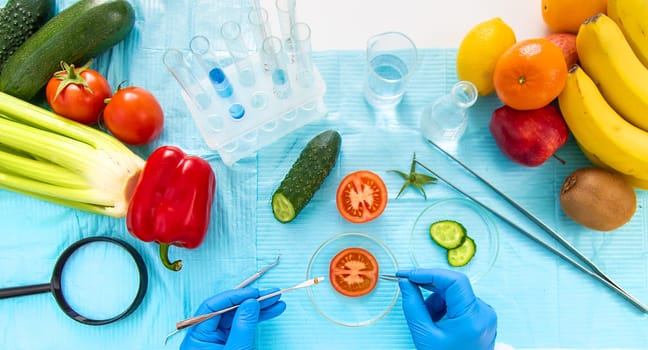 laboratory testing of different food products. Selective focus. people.