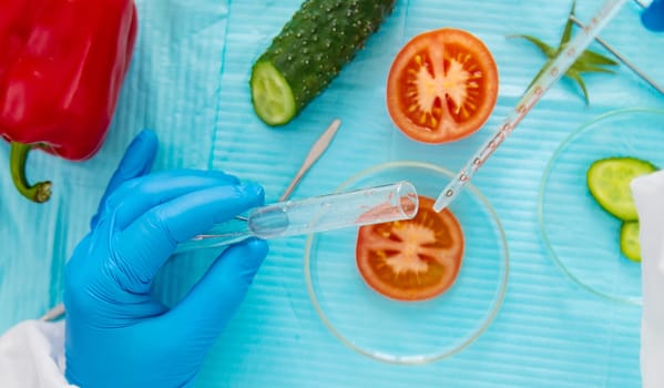 laboratory testing of different food products. Selective focus. people.