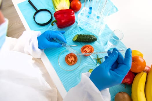 laboratory testing of different food products. Selective focus. people.