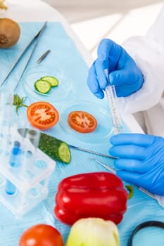 laboratory testing of different food products. Selective focus. people.