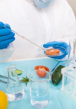 laboratory testing of different food products. Selective focus. people.