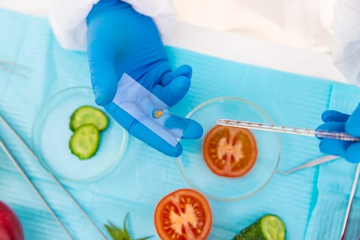 laboratory testing of different food products. Selective focus. people.