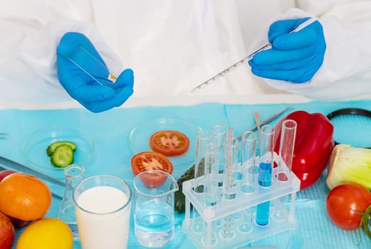 laboratory testing of different food products. Selective focus. people.