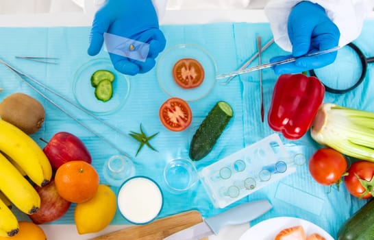 laboratory testing of different food products. Selective focus. people.