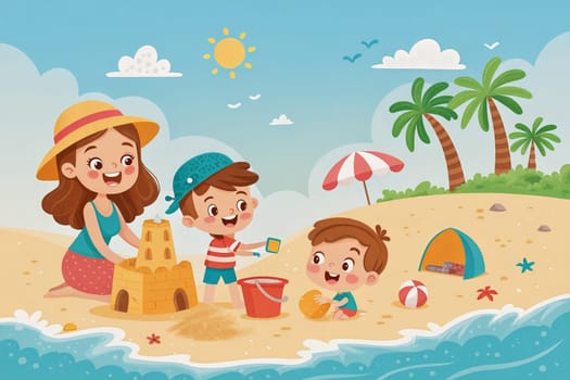 A cheerful family builds a sandcastle at the beach, with children playing and splashing in the water during a bright summer sunny day. Generative AI.