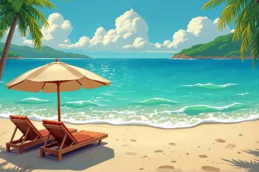 Two sun loungers sit on golden sand under a large umbrella, overlooking turquoise waves and a picturesque coastline on a sunny day - Summer holidays - Generative AI.