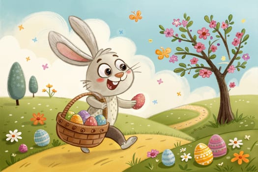 A cheerful easter rabbit joyfully carries a woven basket full of colorful eggs while walking along a sunny path in a blossoming spring landscape. Generative AI.
