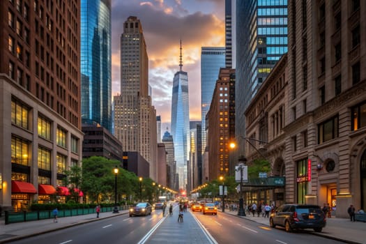 Sunset casts warm light on the skyline as people walk along a busy street flanked by towering skyscrapers and city life. Generative AI.