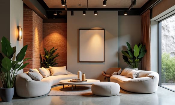 A contemporary living room showcases plush seating, warm lighting, and decorative plants, creating an inviting atmosphere for relaxation and socializing - Generative AI
