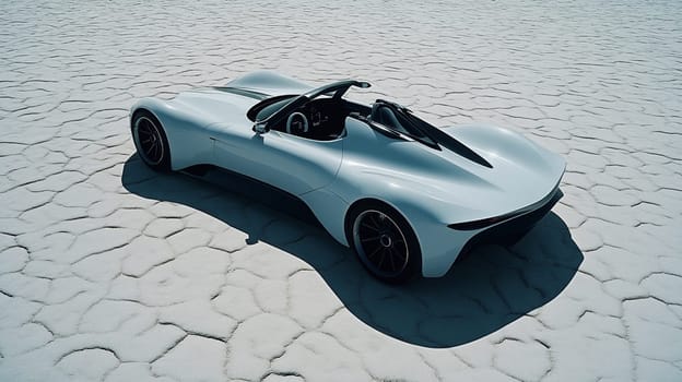 Sleek white convertible supercar parked on a dry lake bed under bright sunlight, casting a striking shadow
