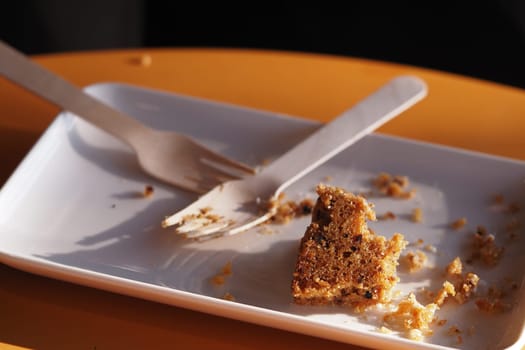 A partially eaten slice of cake remains on a small plate next to utensils.