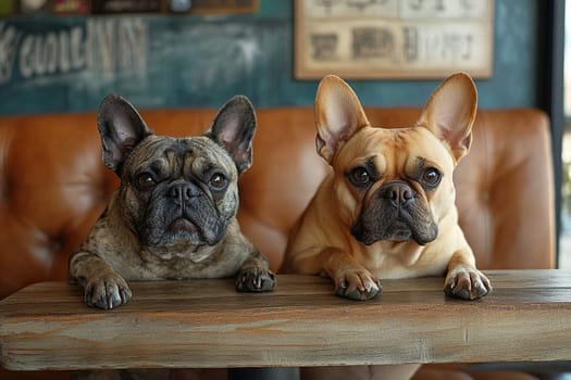 Two bulldogs sitting on a sofa at a table in a cafe. Animal cafe concept.