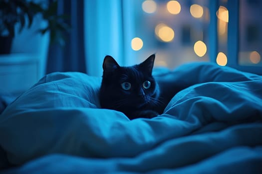 A black cat lies in its owner's cozy bed at night and does not sleep.