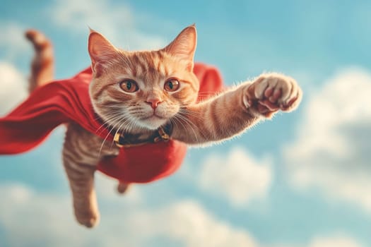 Cinematic image of a red superhero cat in a red cape flying in a blue sky.