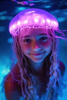 Underwater image of a mermaid girl with a jellyfish on her head in purple light. Vertical underwater background.