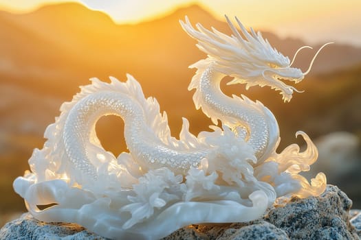 Mother of pearl dragon figurine on a rock in the mountains. Religious and spiritual symbol against the sunset.